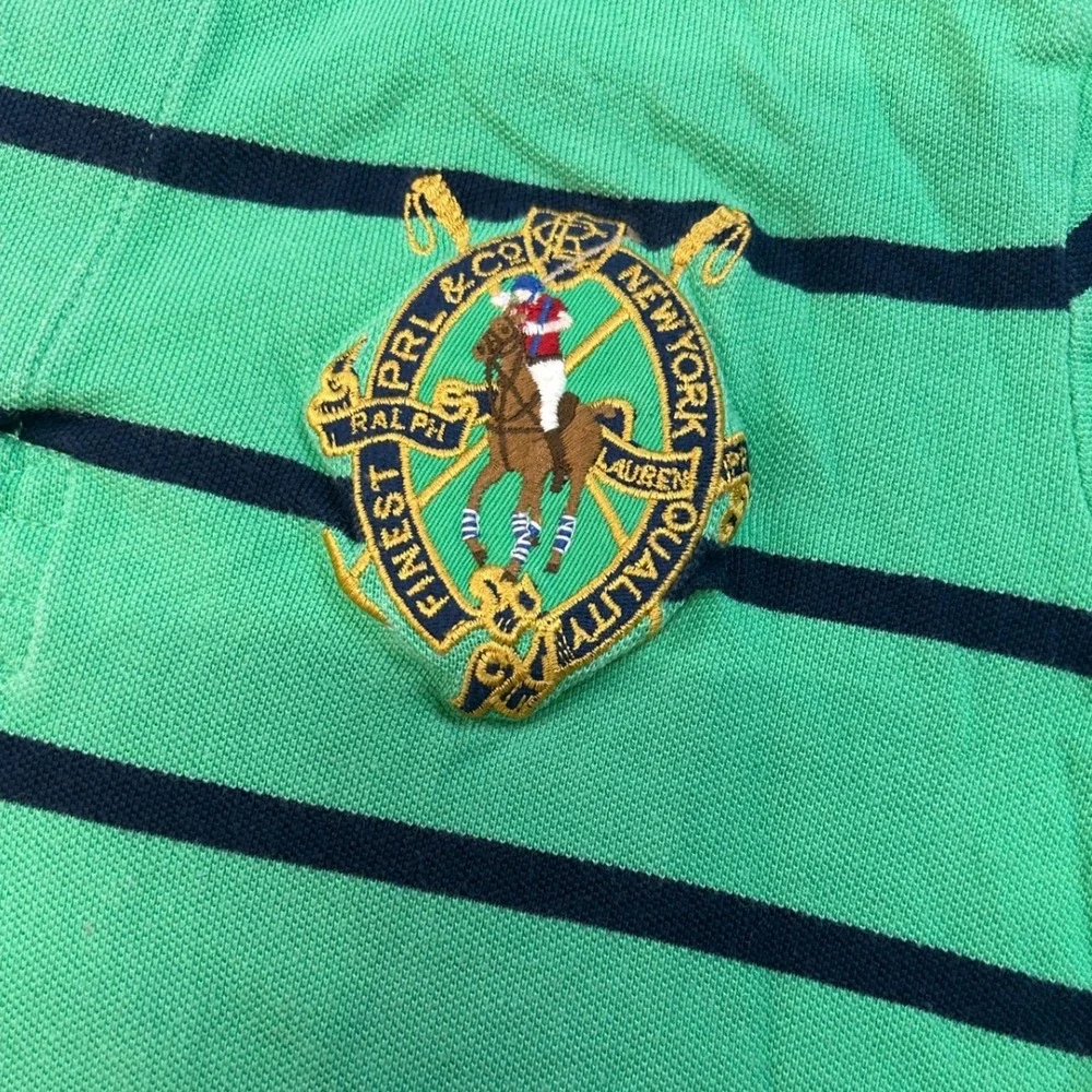 Ralph Lauren Mens Green Navy Striped Crest Rugby Polo Shirt Large Short Sleeve